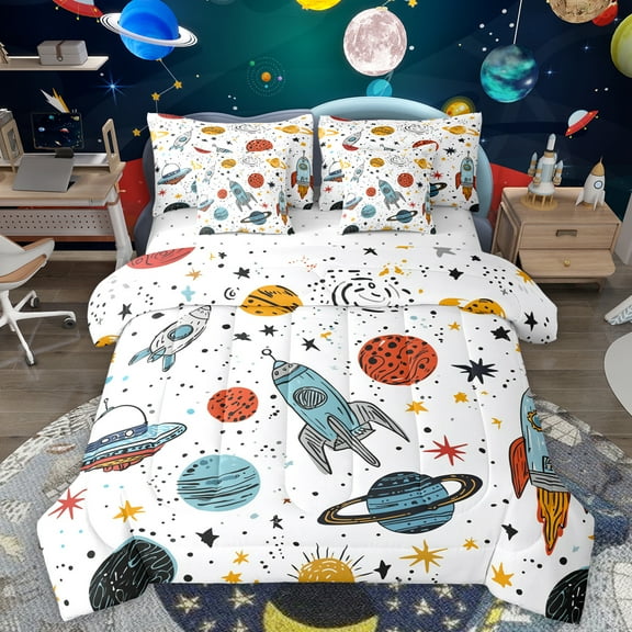 Homewish Space Ship Rocket 7-Piece Twin Bedding Sets,Cartoon Universe Planet Bedding Comforter Set,Colorful Stars Print Sheet Sets For Teens,Breathable Home Decor