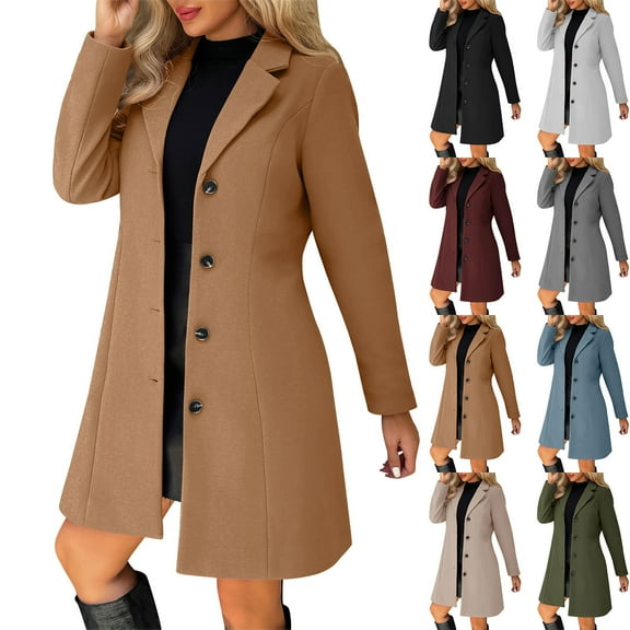 Women Wool-Blend Pea Coat Mid-length Notched Lapel Single Breasted Trendy Trench Coat Casual Warm Fall Winter Outerwear,XXL,Army Green