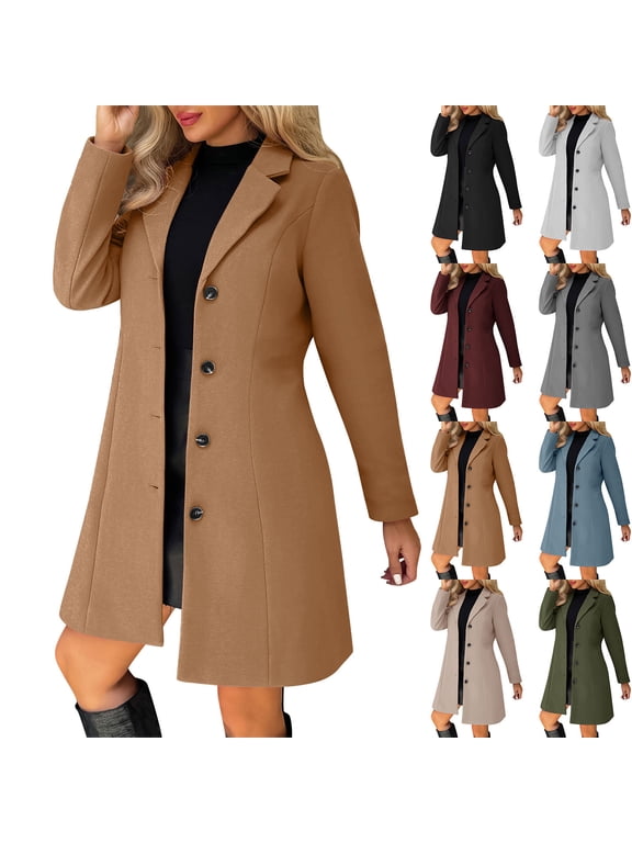Women Wool-Blend Pea Coat Mid-length Notched Lapel Single Breasted Trendy Trench Coat Casual Warm Fall Winter Outerwear,XXL,Navy
