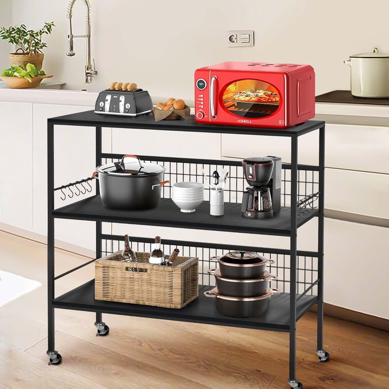 Kitchen Island Cart With 3 Shelves & Wheels - Rolling Microwave Stand, Coffee Bar With Hooks