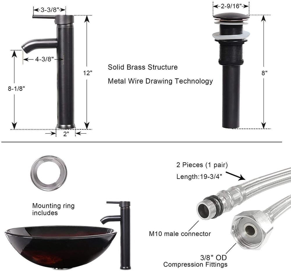 Eclife 16.5" bathroom Basin Sink Modern Round Artistic Vanity Sinks Combo with Oil Rubbed Bronze Faucet & Pop up Drain Bathroom Bowl Combo, Brown