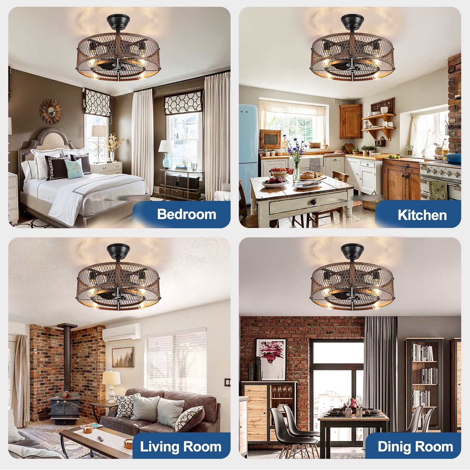 20-Inch Walnut Outdoor Ceiling Fan with Light: Ceiling Fan with Smart Remote Control, Farmhouse Cage Design, 6-Speed Reversible - Flush Mount for Patio, Kitchen, Bedroom