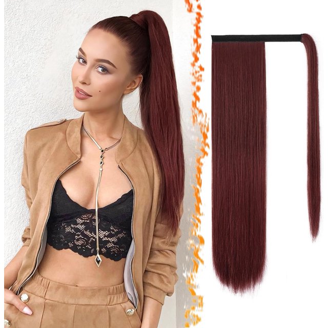 BARSDAR Extensions de Queue de Cheval Droites Auburn - Queues de Cheval Droites de 18 Pouces de Long à Enrouler pour Femmes, Extensions de Cheveux à Clip pour Queue de Cheval Synthétiques - Auburn Rougeâtre