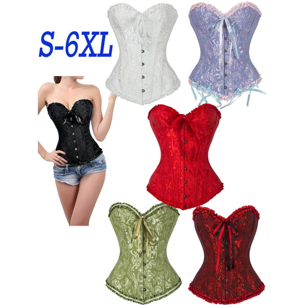 KOLCY Women's Fashion Floral Satin Lace up Overbust Embroidered Corset Top  Waist Training Corsets Plus Size,S-6XL