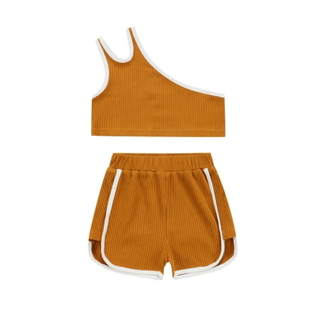 

Suanret Toddler Girls 2Pcs Summer Outfits Solid Color Ribbed One Shoulder Tank Tops Short Pants Set Brown 5-6 Years