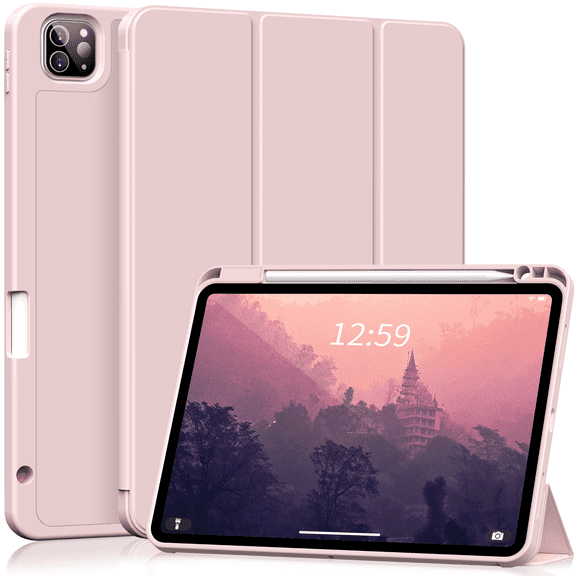 Aoub iPad Pro 11 Inch 4th/3rd/2nd/1st Generation 2022/2021/2020/2018 Case with Pencil Holder Slim Trifold Soft TPU Back Support 2nd Gen Pencil Charging Auto Sleep/Wake iPad Pro 11 Case, Pink