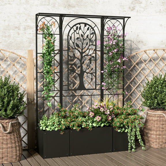 Oubayajia Metal Planter Box with Trellis Privacy Screen, Raised Garden Bed with Drainage Holes, 62 Inch Tall(Black)