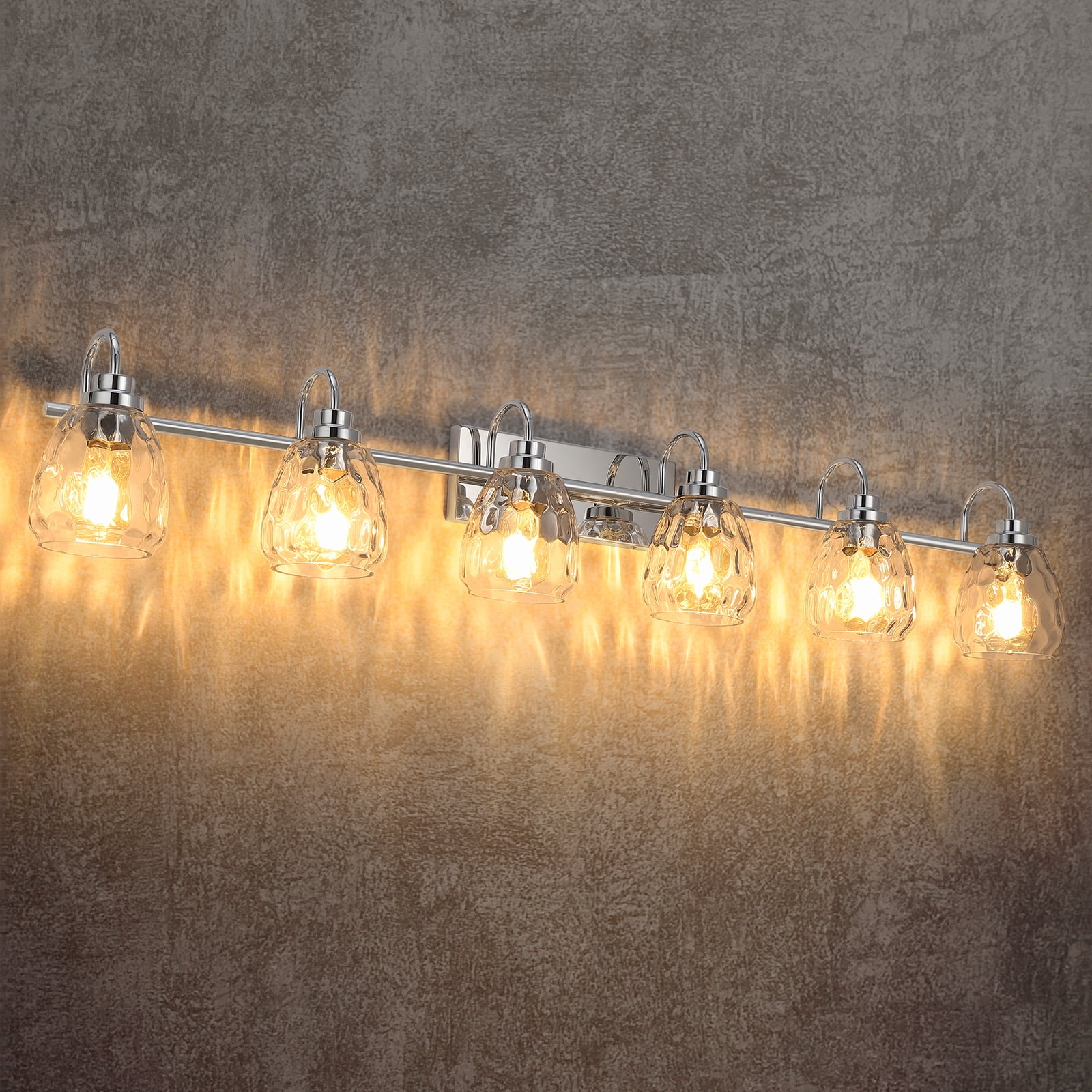 3/4/5/6 Light Bathroom Light Fixtures, Chrome Vanity Light Fixtures Over Mirror Wall Mount Lighting Fixture with Hammered Glass Shade E26 Socket for Hallway Kitchen Bedroom Living Room