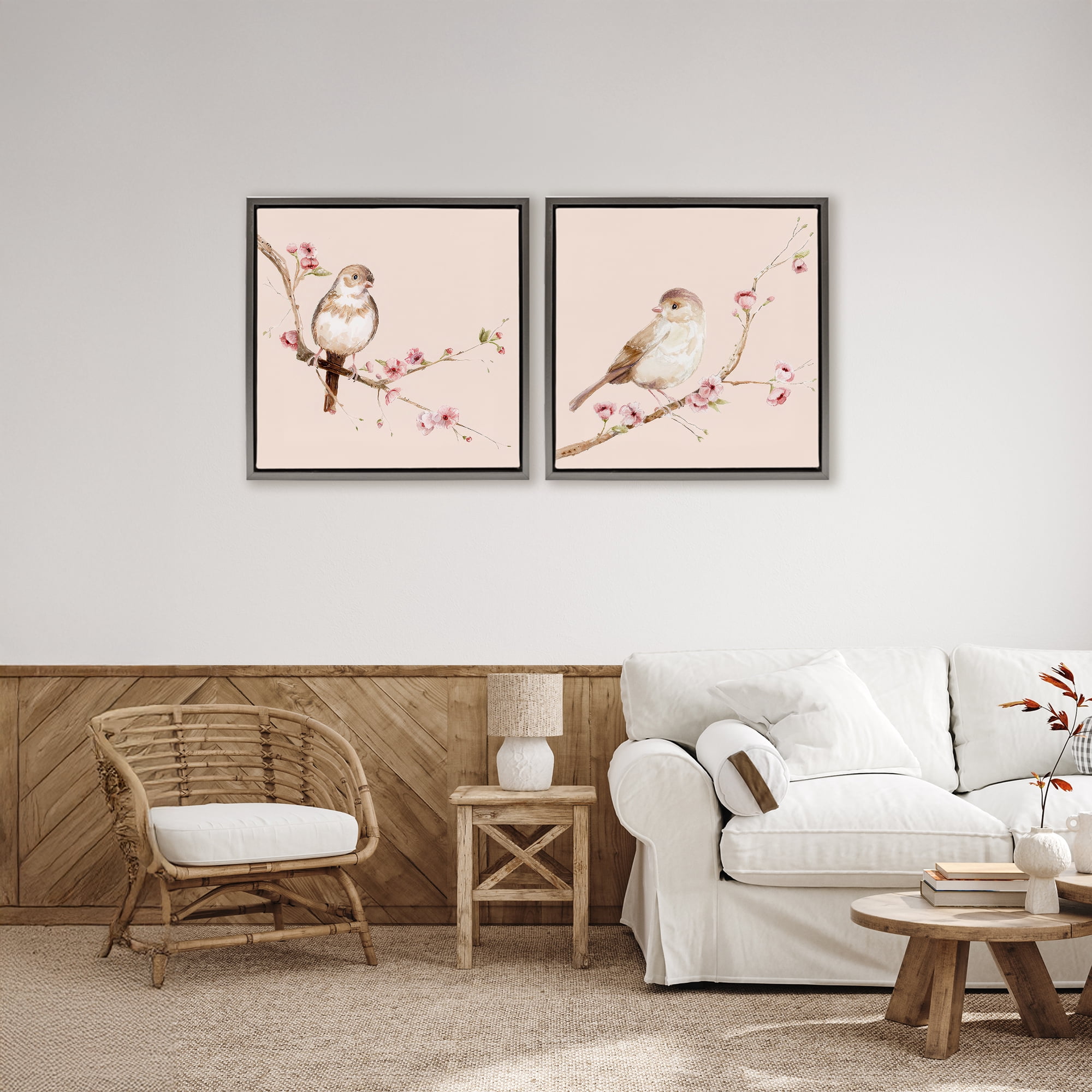 Sweetest Brown Birds Branch 2 Piece Gray Framed Floater Canvas Set, design by Lisa Wehmeyer