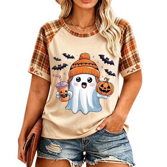 IYYVV Womens Fall Halloween Crew Neck Shirt Holiday Funny Pumpkin Ghost Graphic Tee Casual Short Sleeve Autumn Tops Brown 2XL