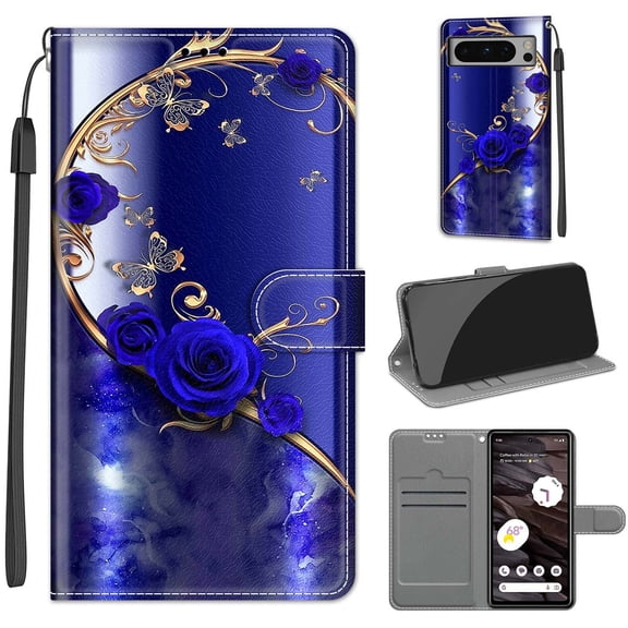 Flip Wallet Case for Google Pixel 8 Pro, with Kickstand Credit Card Holder Slot Cute Pattern Magnetic Clasp Premium PU Leather Protective Case with Wrist Strap - Blue Rose Golden Butterfly