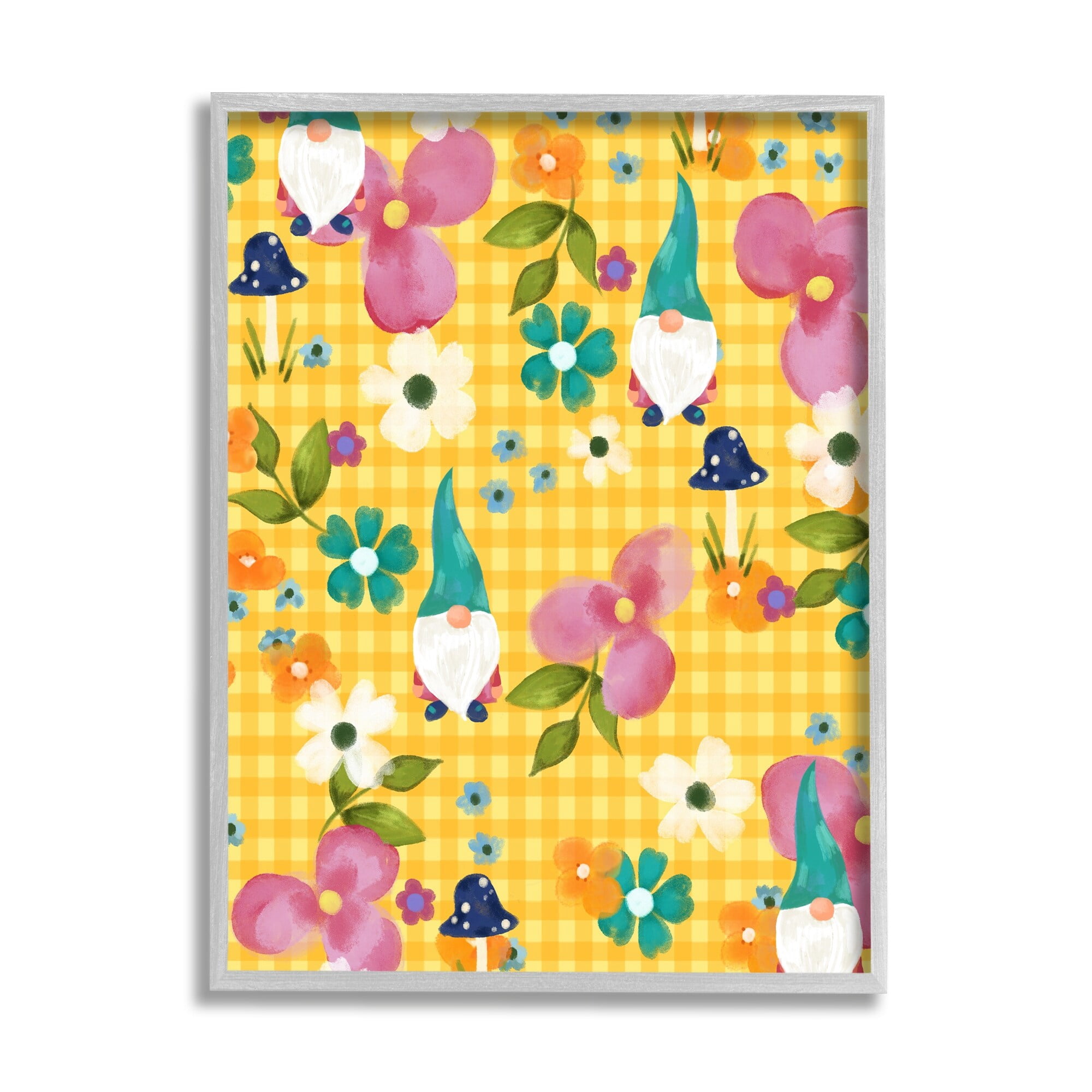 Stupell Industries Yellow Tartan Patterned Spring Gnomes Mushrooms Graphic Art Gray Framed Art Print Wall Art, Design by Laura Konyndyk