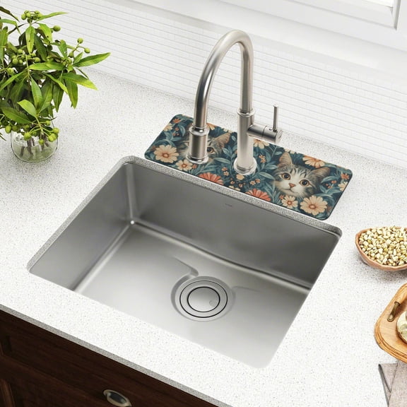 Yayeee Faucet Mat for Kitchen Sink 14.7" Diatomite Long Splash Guard Pad, Flowers Cat