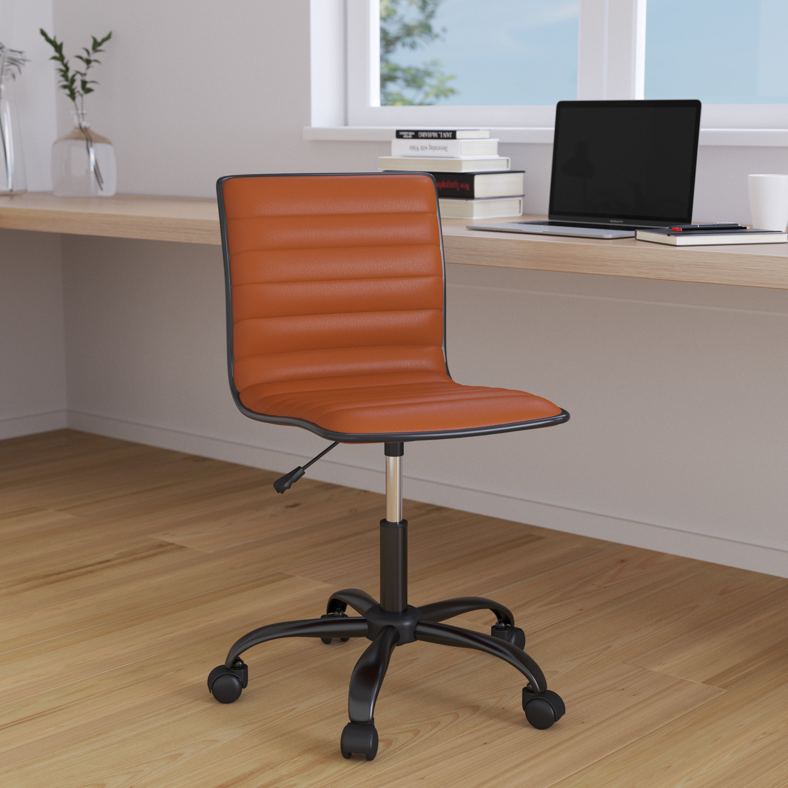 Merrick Lane Home Office Chair Ergonomic Executive Brown Ribbed Low Back Armless Computer Desk Chair - Black Base, Frame & Border