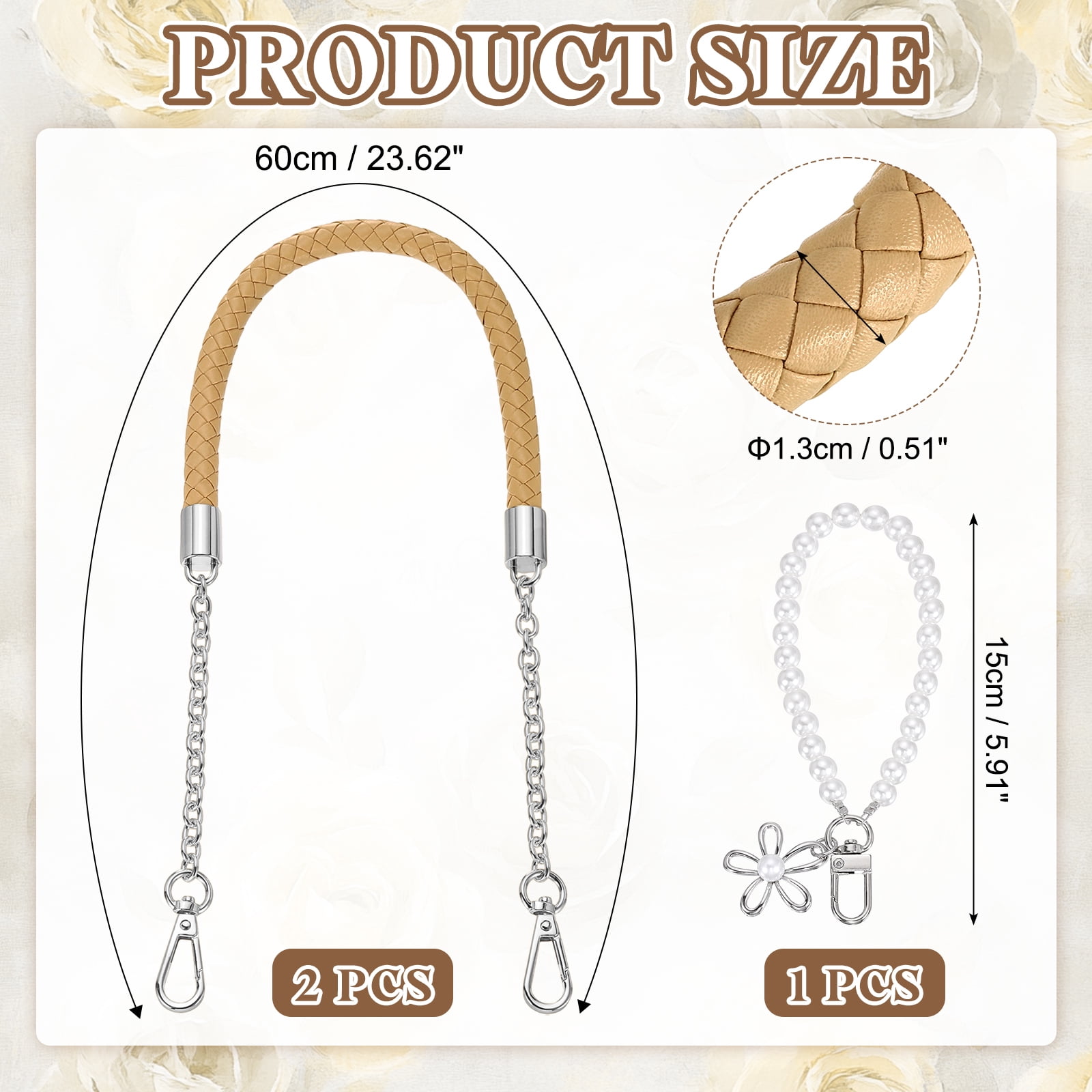 Uxcell 2 Pcs PU Leather Chain Purse Strap, 23.6 Inch Braided Purse Handles Replacement Strap with Pearl Pendant for Tote Bag Handbag Underarm Bag (Apricot, Silver Chain)