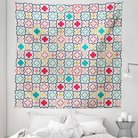 Moroccan Tapestry, Traditional Tile Pattern Clovers Lattice Oriental Art Print, Fabric Wall Hanging Decor for Bedroom Living Room Dorm, 5 Sizes, Blue Green, by Ambesonne