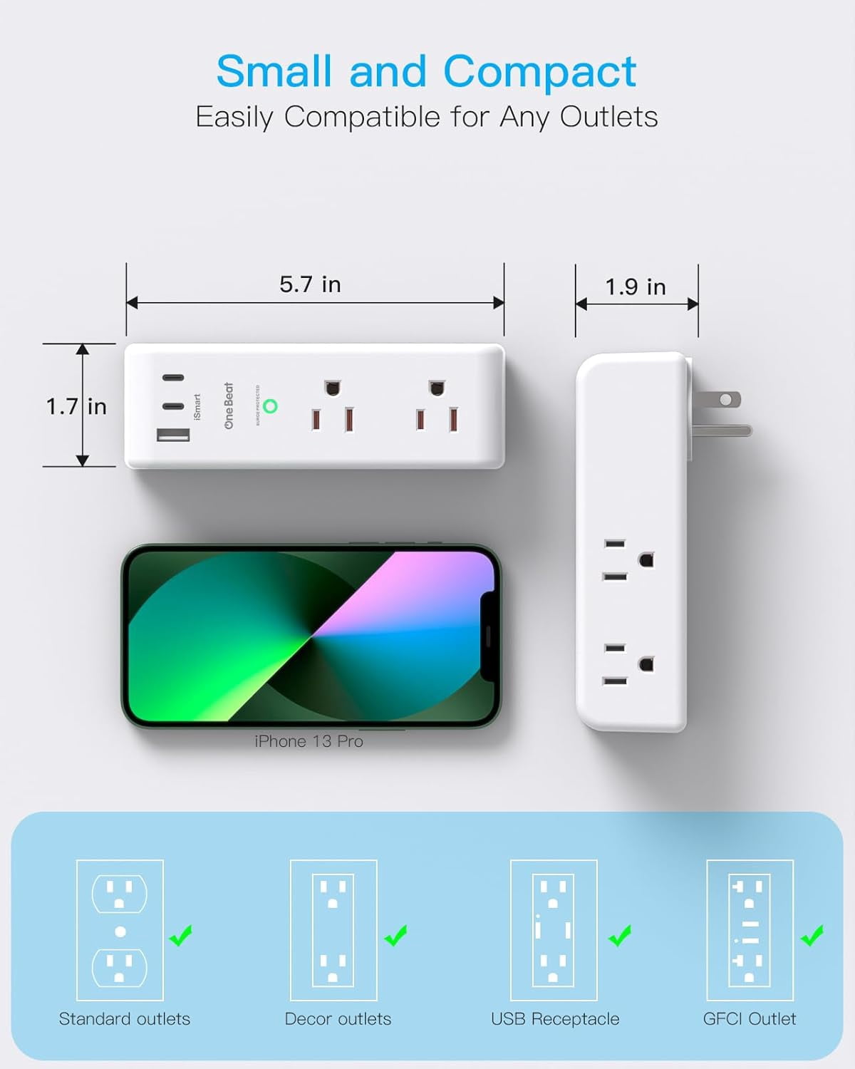 Surge Protector Outlet Extender, 6 AC Outlets & 3 USB Ports(2 USB C), 1800J 3-Sided Rotating Swivel Plug, White for Home Office Dorm