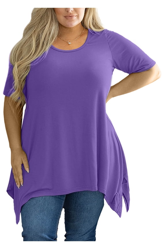 Womens Plus Size Shirts Summer Short Sleeve Purple 3X Blouse Swing Tee Crewneck Clothing Flowy Tops for Leggings