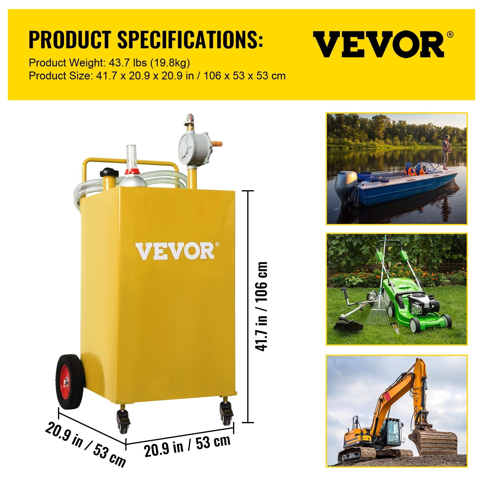 SKYSHALO 35 Gallon Gas Caddy, Fuel Storage Tank with 4 Wheels, Portable Fuel Caddy with Manuel Transfer Pump, Gasoline Diesel Fuel Container for Cars, Lawn Mowers, ATVs, Boats, More, Yellow