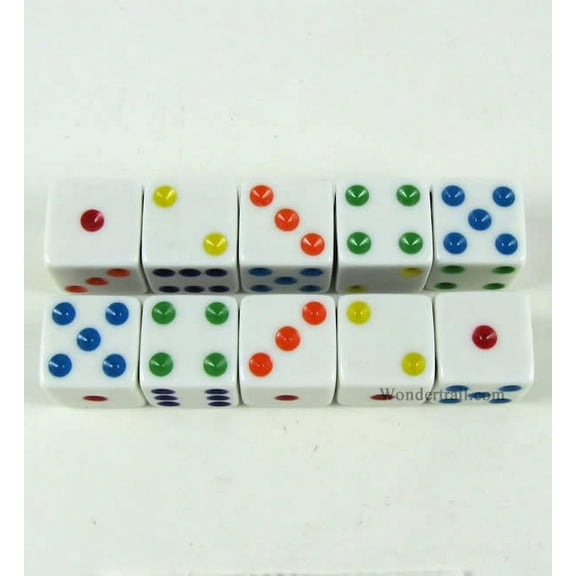White Opaque Dice with Multi Color Pips D6 16mm (5/8) Set of 10 Koplow Games