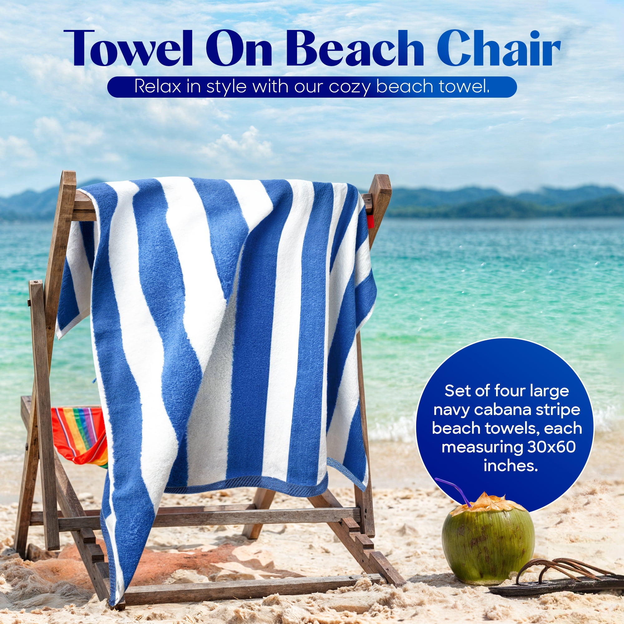 Bliss Casa 100% Cotton Beach Towels (4 Pack, 30 x 60 Inch) - Extra Soft & Highly Absorbent Summer Pool Towel Oversized Cabana Stripe (Blue/ Grey)