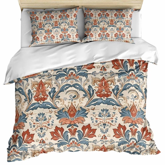 Boho Floral Bedding 3 Piece Duvet Cover Set Queen Size, Farmhouse Vintage Red Blue Flower Plant Soft Microfiber Comforter Cover with Zipper Closure & Pillowcases, Wrinkle & FadeResistant Quilt Cover