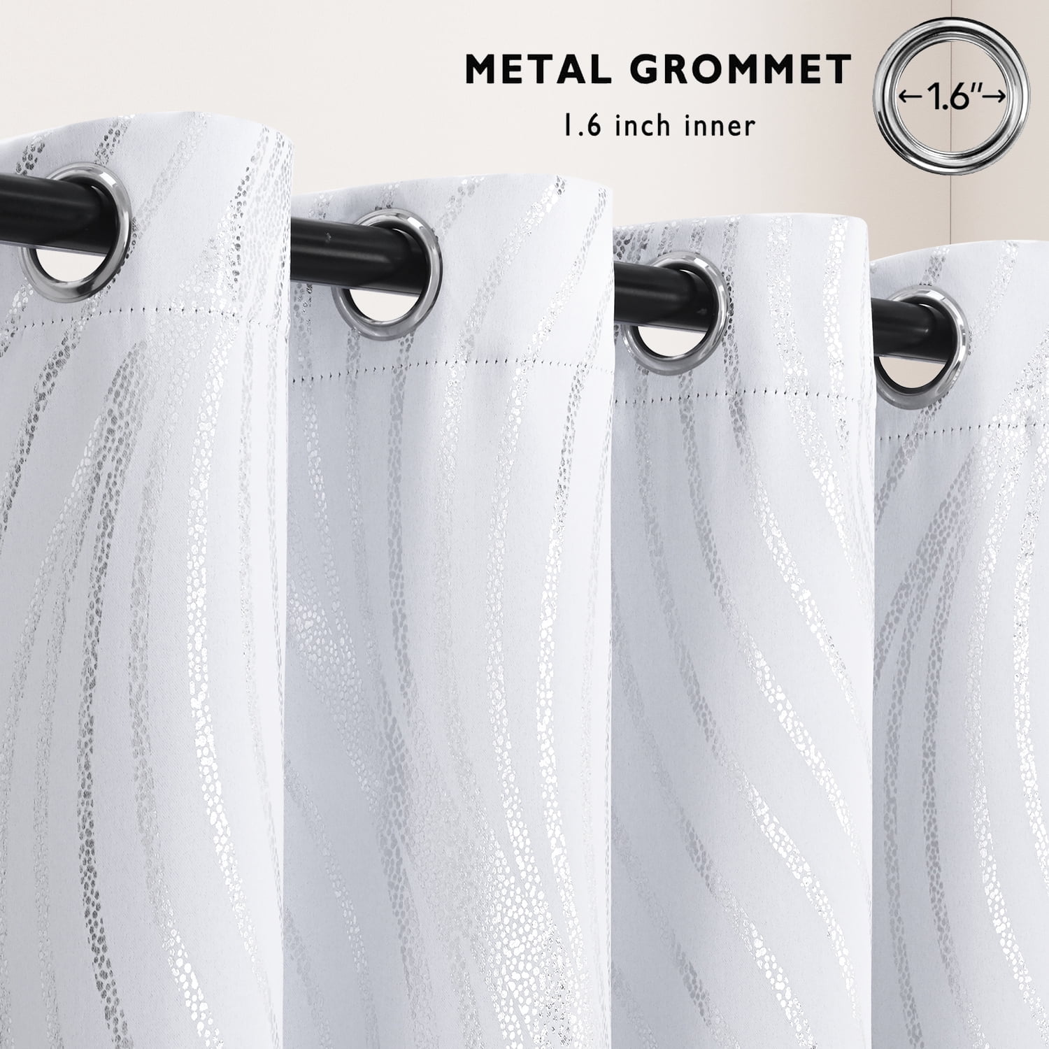 Alishomtll White Blackout Curtains for Living Room ,Modern Metallic Silver Wave Pattern Bedroom Thermal Insulated Drapes ,2 Panel Set,52"x84"