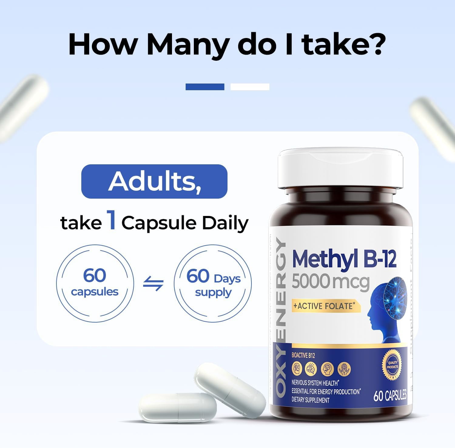 OxyEnergy Methyl Vitamin B12 5000mcg Dietary Supplement with Folate, Nerve & Energy Support, 60 Capsules