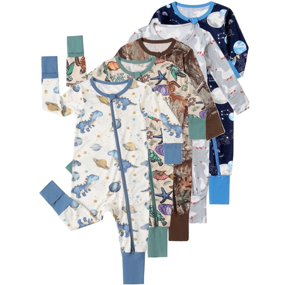 ATAIKU 3-24M Newborn Baby Zipper Footless Pajamas Bamboo Long Sleeve Footed Sleepers Sleep 'N Play for Infant Toddler Boys - Dinosaurs
