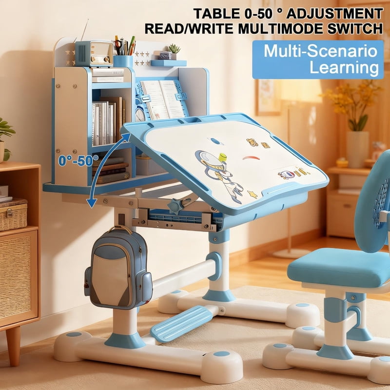 YNCE Kids Height Adjustable 2-in-1 Desk and Chair Set w/ Posture Support Ergonomic Chairs Book Rest Footrest, Study Table for Children Grows 3-8 Year
