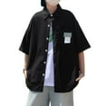 thumbnail image 1 of Camisa con cuello vuelto para hombre Bolsillo en el pecho Medias mangas Blusa informal holgada con cierre de botón Negro XL, 1 of 8