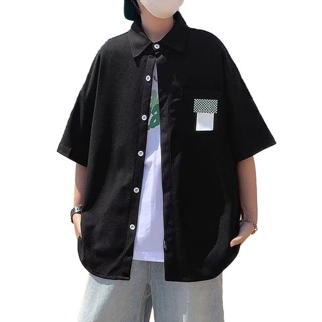 Camisa con cuello vuelto para hombre Bolsillo en el pecho Medias mangas Blusa informal holgada con cierre de botón Negro XL
