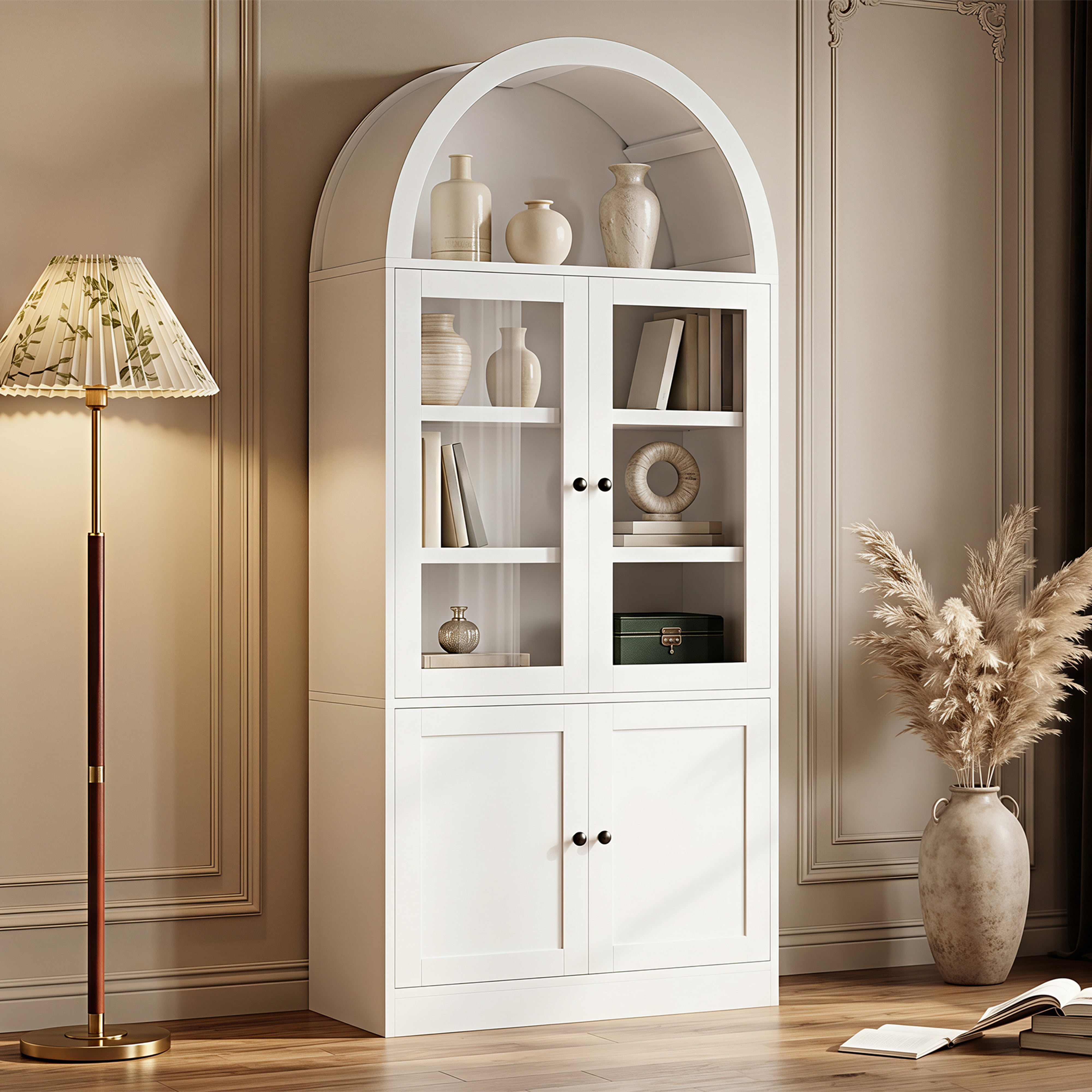 Mintazer Arched Top Tall Storage Cabinet, Display Bookcase with Glass Doors & 5-Tier Shelves, Farmhouse Freestanding Hutch for Living Room Dining Room Study, White