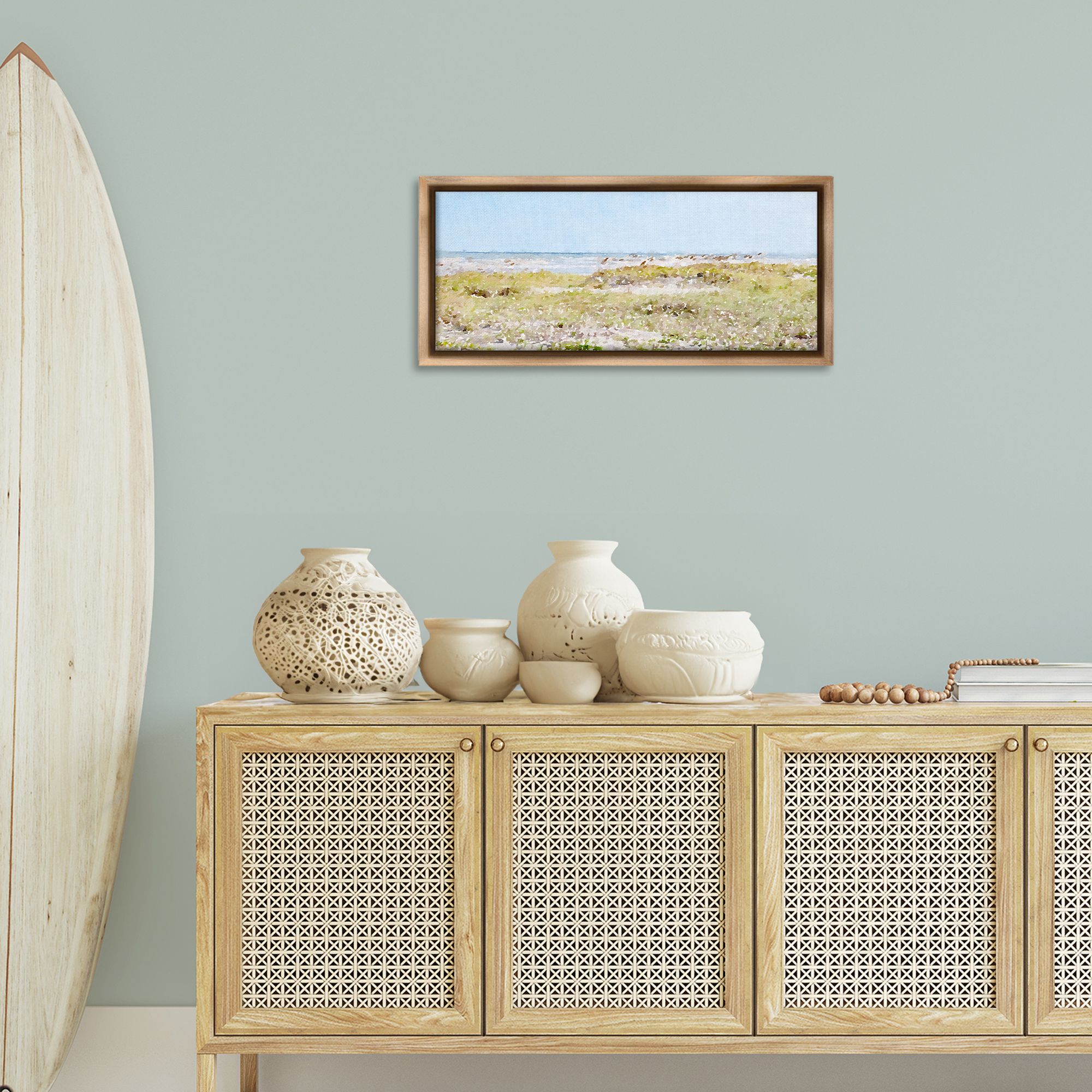 Stupell Industries Eastern Beach Grass Landscape Painting Brown Floater Framed Canvas Art Print Wall Art, 31 x 14