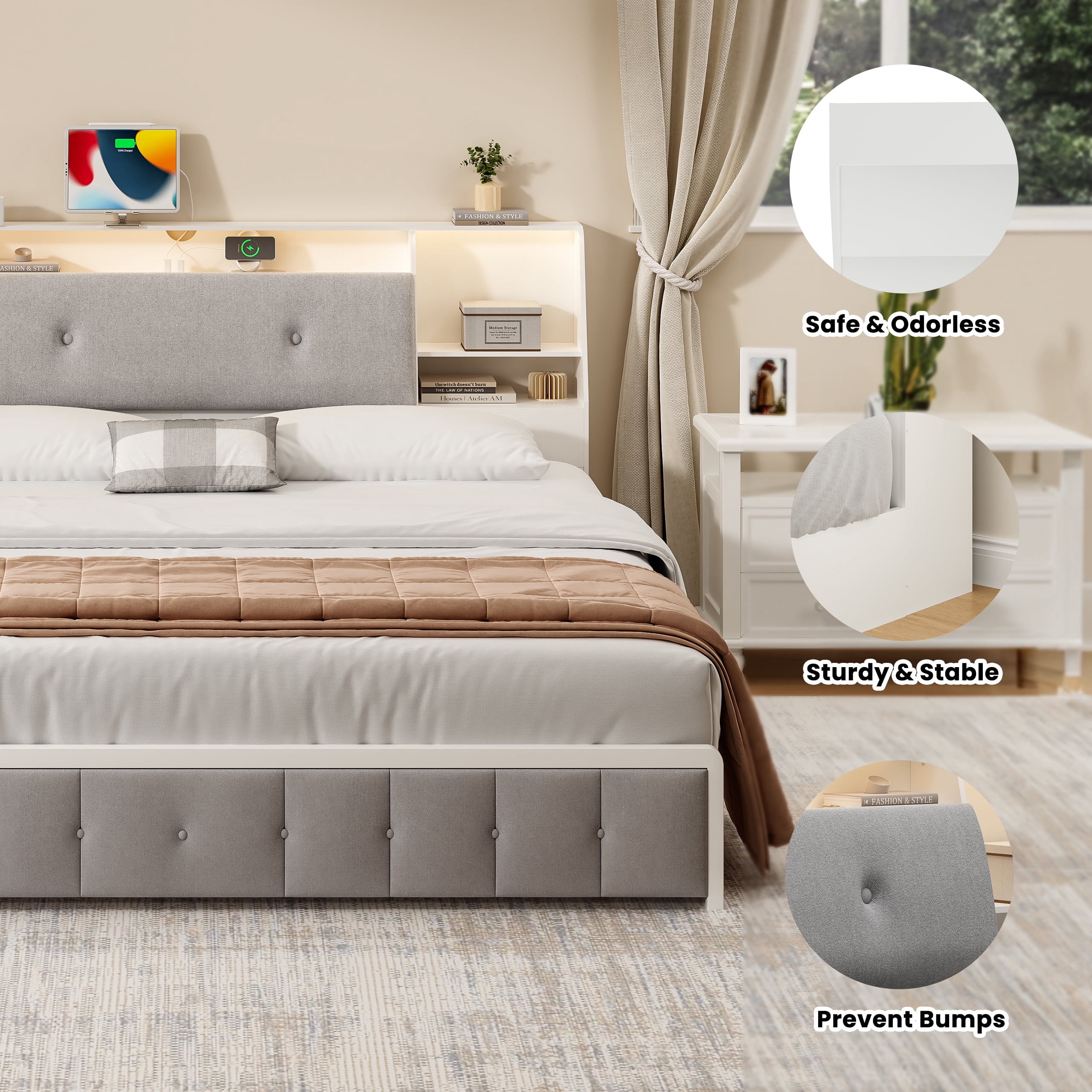 Someet 2 in 1 King Size Removable Upholstered Bookcase Headboard with 2 USB & 2 Type-C Port & Power Outlets & LED Light, White