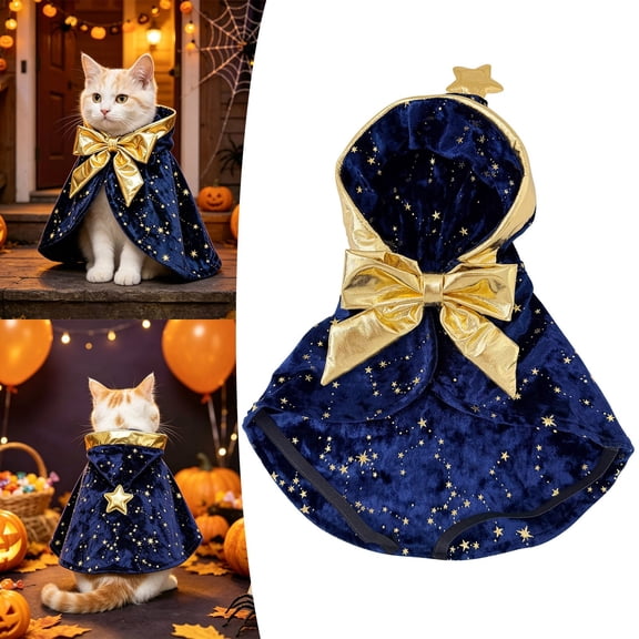Pet Halloween Wizard Cape, Navy Velvet Gold Star Witch Cloak With Bow, Cosplay Costume Outfit For Cats Small Dogs