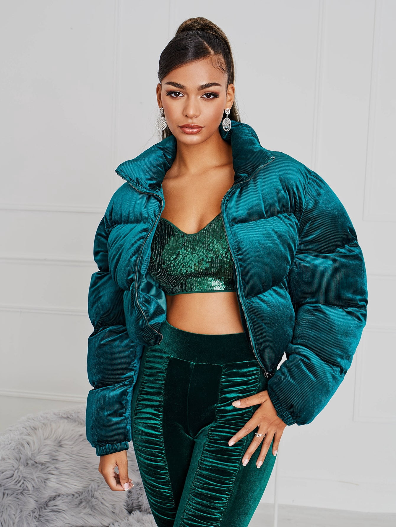 Zip Up Velvet Puffer Coat 32209S112112 