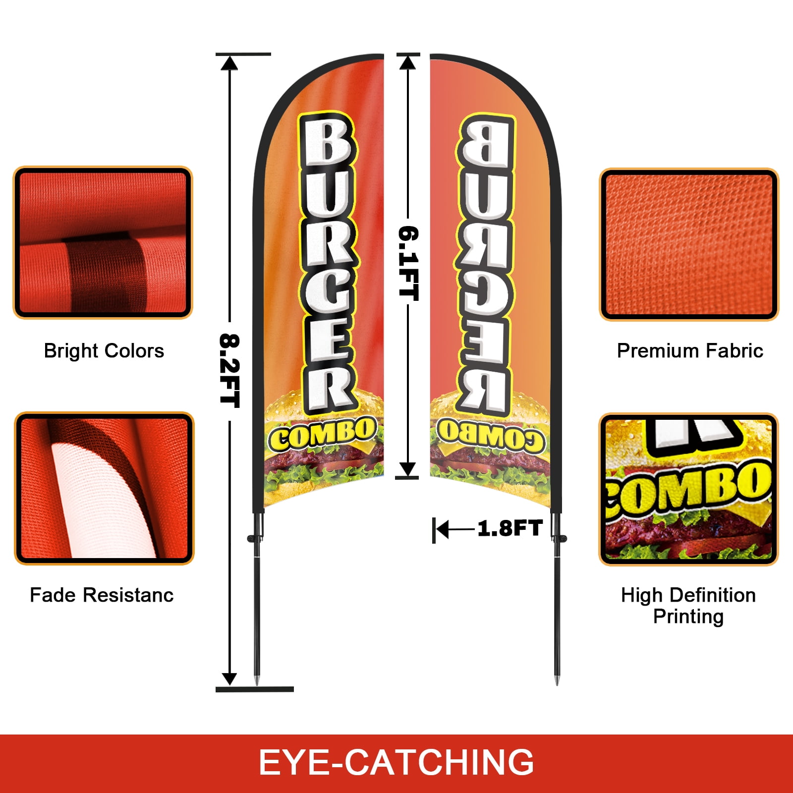 QSUM Burger Combo Feather Flag with Flag Pole Kit and Ground Spike, 8.2FT Burger Combo Windless Flag Banner Sign Business for Outdoor Advertising Sign Decoration Display