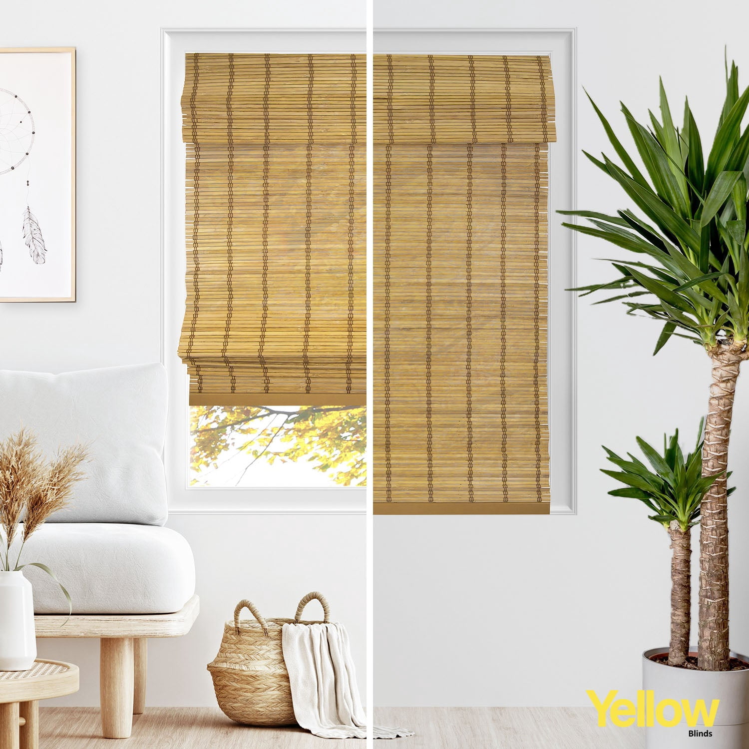 Yellow Blinds 27"W x 64"H Natural Woven Cordless Light Filtering Bamboo Roman Shades for Window, Cinnamon