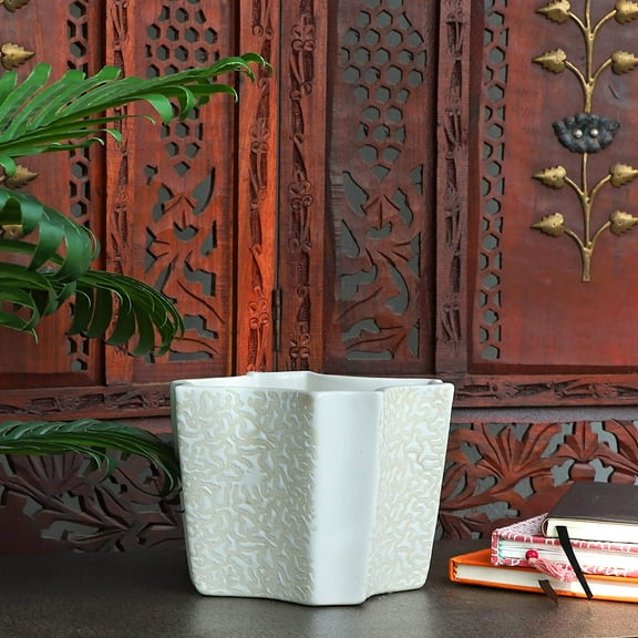 India Meets India Ceramic Indoor Outdoor Planter Flower Pot Handicraft by Awarded Indian Artisan (White)