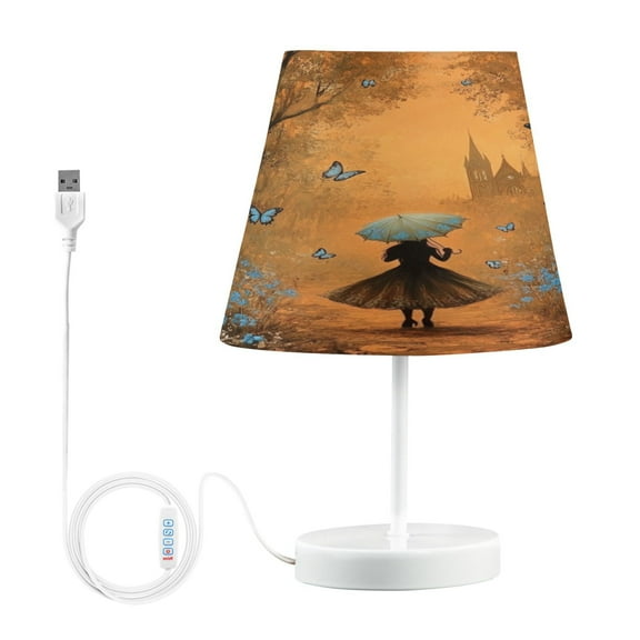 WOBOGO Blue Butterfly Forest Table Lamps Bedroom 3-Speed Dimmable Farm Style with Fabric Shade for Reading and Home Office