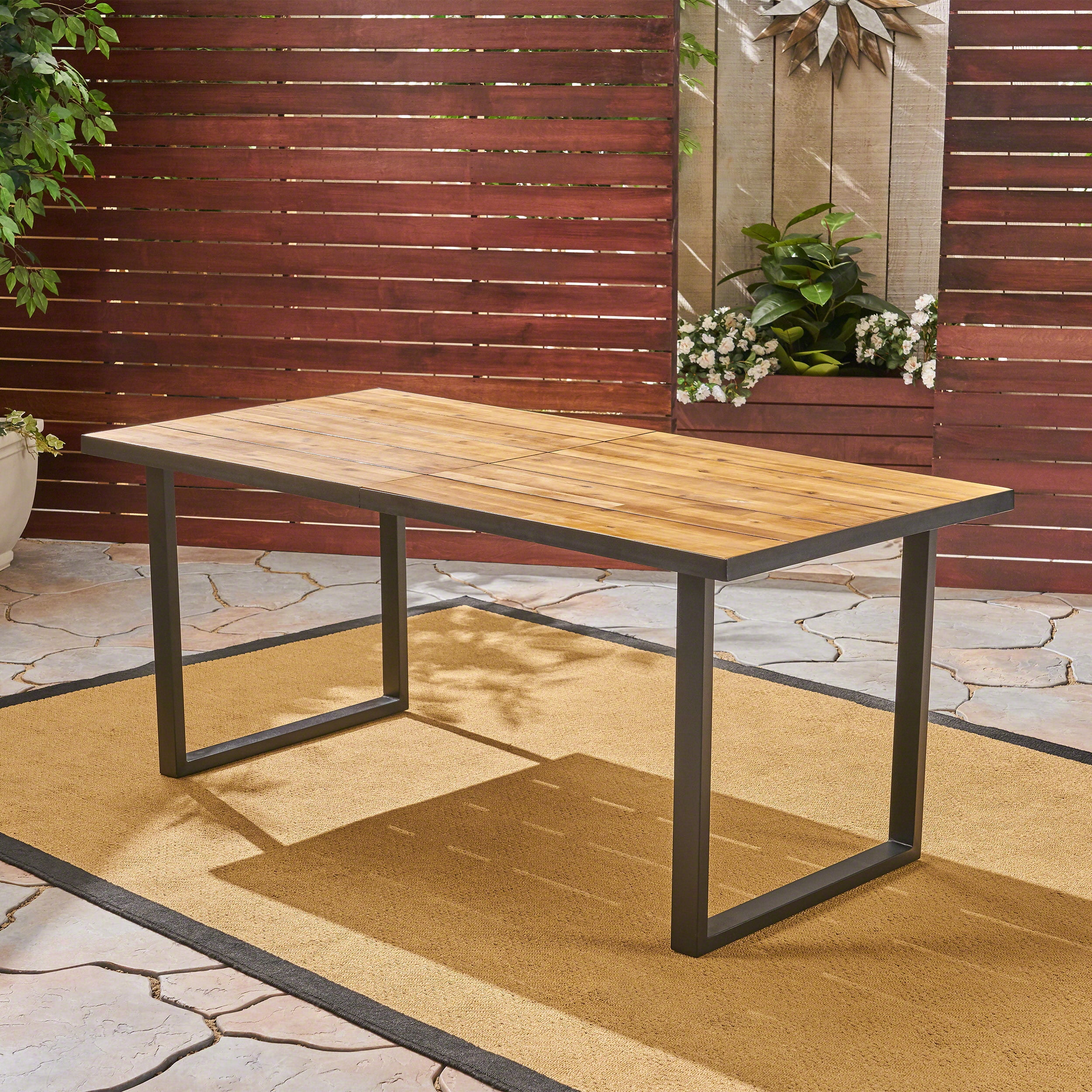 Outdoor Dining Table 70 Inch, Large Size Acacia Wood Tabletop for Patio Garden Yard, Teak and Black