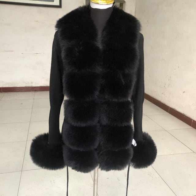 Suéter recortado para mujer, cárdigan de punto de piel sintética con cuello de piel de zorro sintética, abrigo para mujer, gran oferta, primavera y otoño