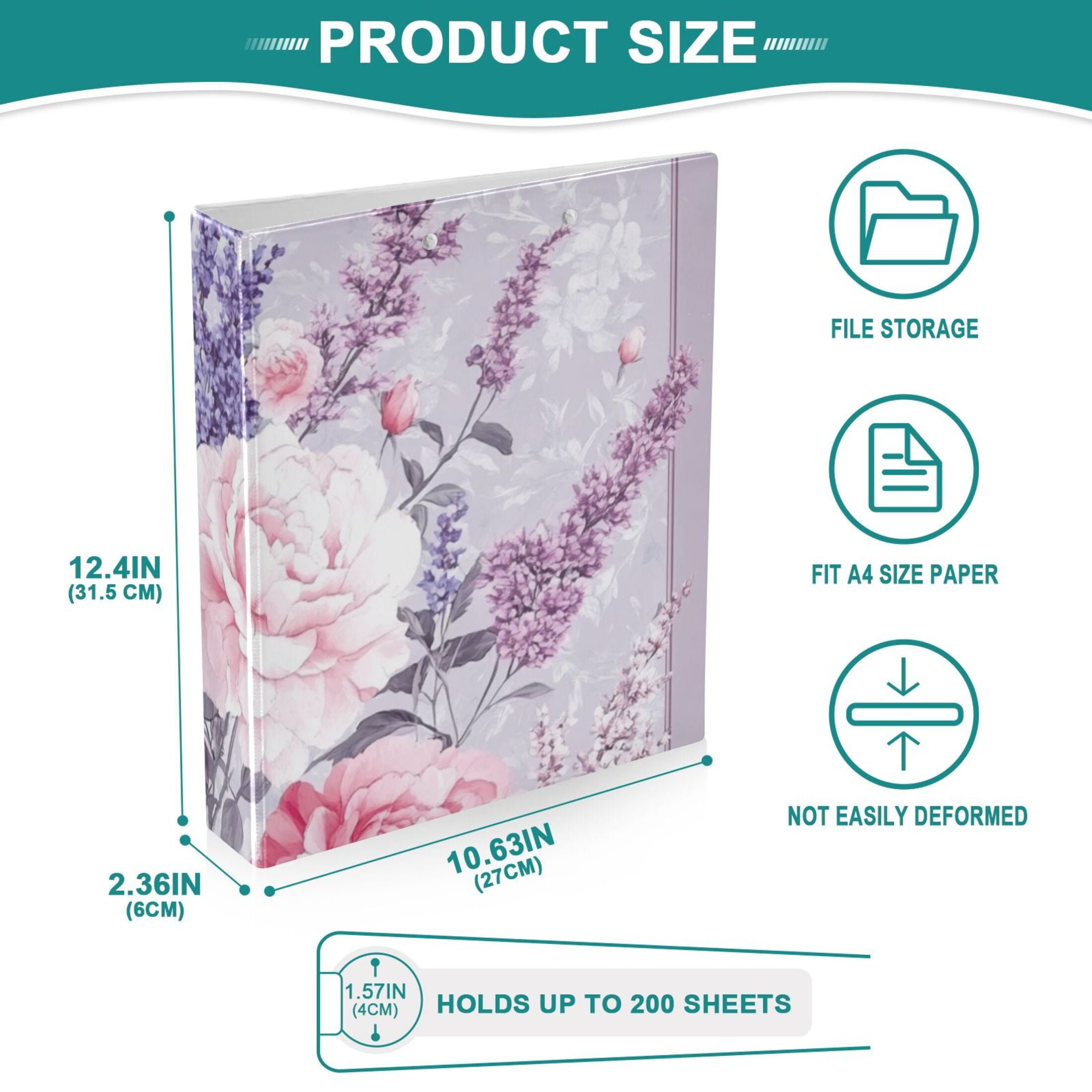 Roses Peonies Lavender Flowers 3 Ring Binders 1.5 inch Hardcover File Folders with Interior Pockets A4 Size Organizer for School Office Hospital