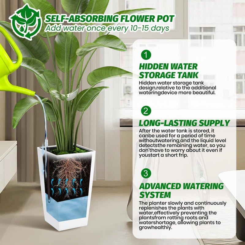 Towallmark 16 Inch Tall 2 Pack Rectangular Planters, Large Flower Pots Indoor Outdoor, Planters with Drainage Holes Wheels and Water Level Monitor, for Patio Porch Living Room Home Office, White