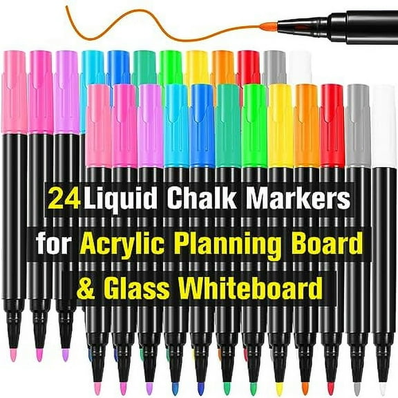 24 Liquid Chalk Markers in 12 Colors for Acrylic Calendar Planning Boards Glass Dry Erase Board Whiteboard Wet Erase Markers for Window Mirror, 1mm Fine Points, for Glass Window Halloween Painting