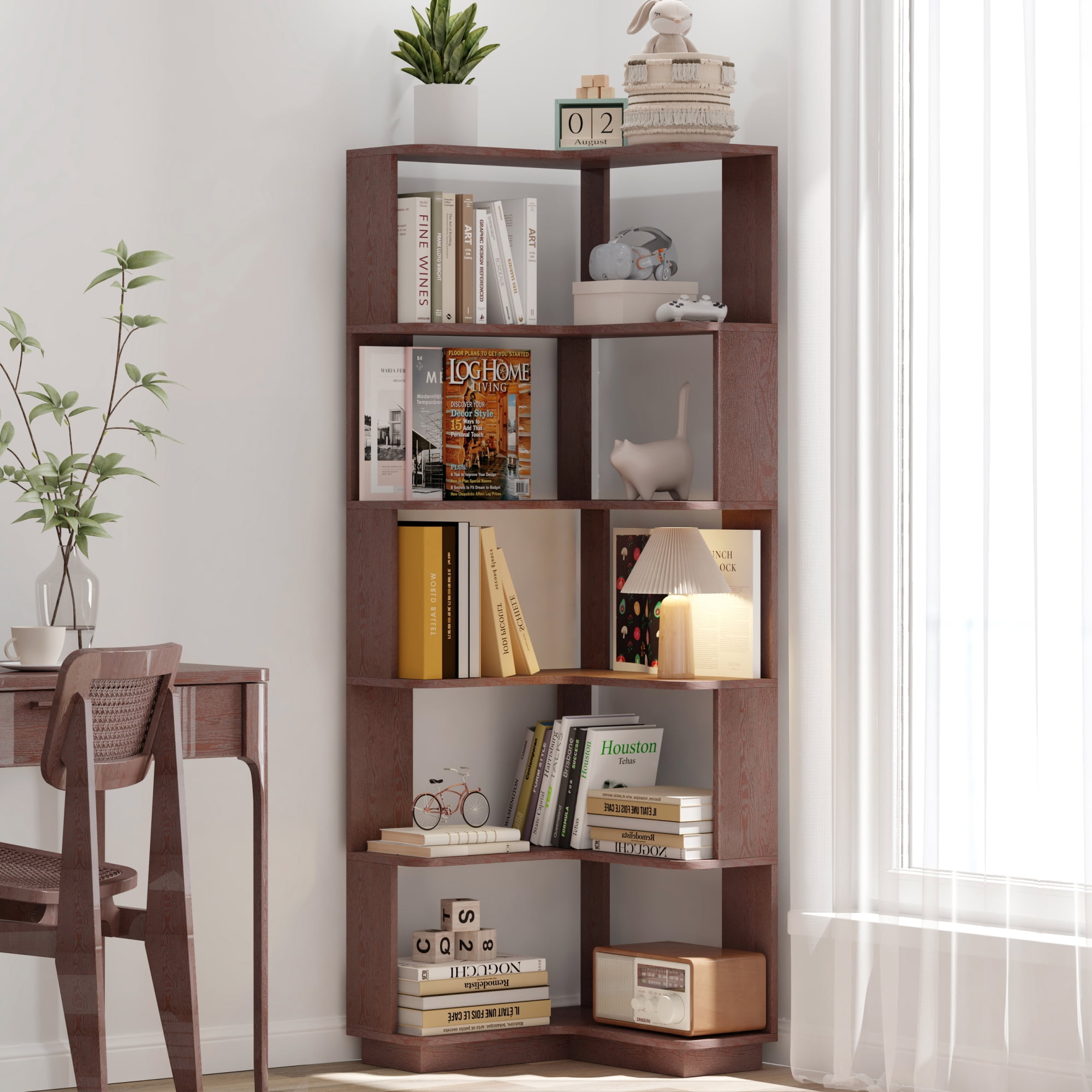Leumius 6 Tier Freestanding L-Shaped Corner Bookshelf, Wooden Bookcase with anti-drop panle and anti tipping device, Display shelf Open storage rack Organizer for Home Office,Ox Blood Red