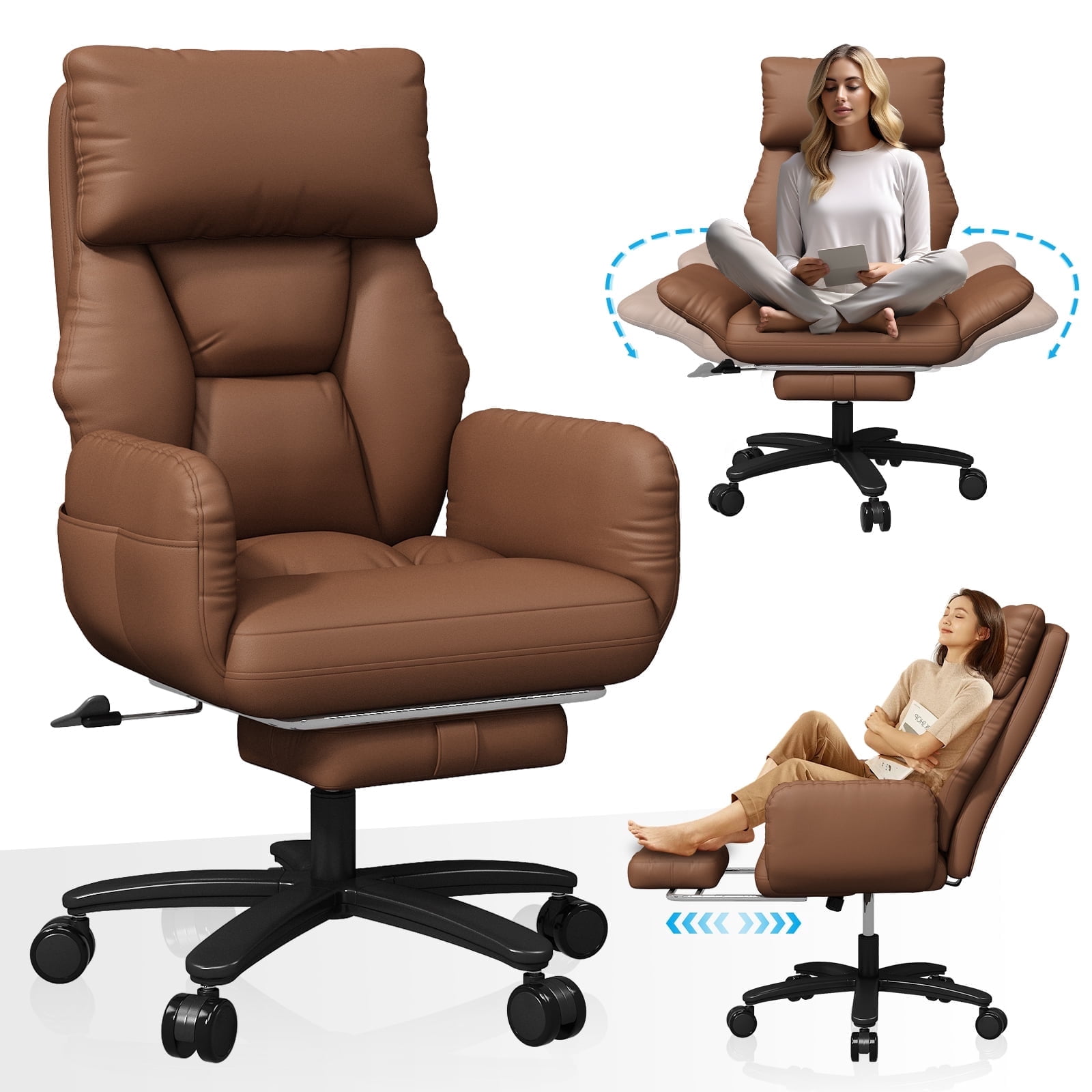 iooHug Criss Cross Office Chair, Big and Tall 500lbs High Back Faux Leather Desk Chair with Footrest, Wide Seat Cross-Legged Reclining Chair with Reversible Armrests and Lumbar Support, Brown