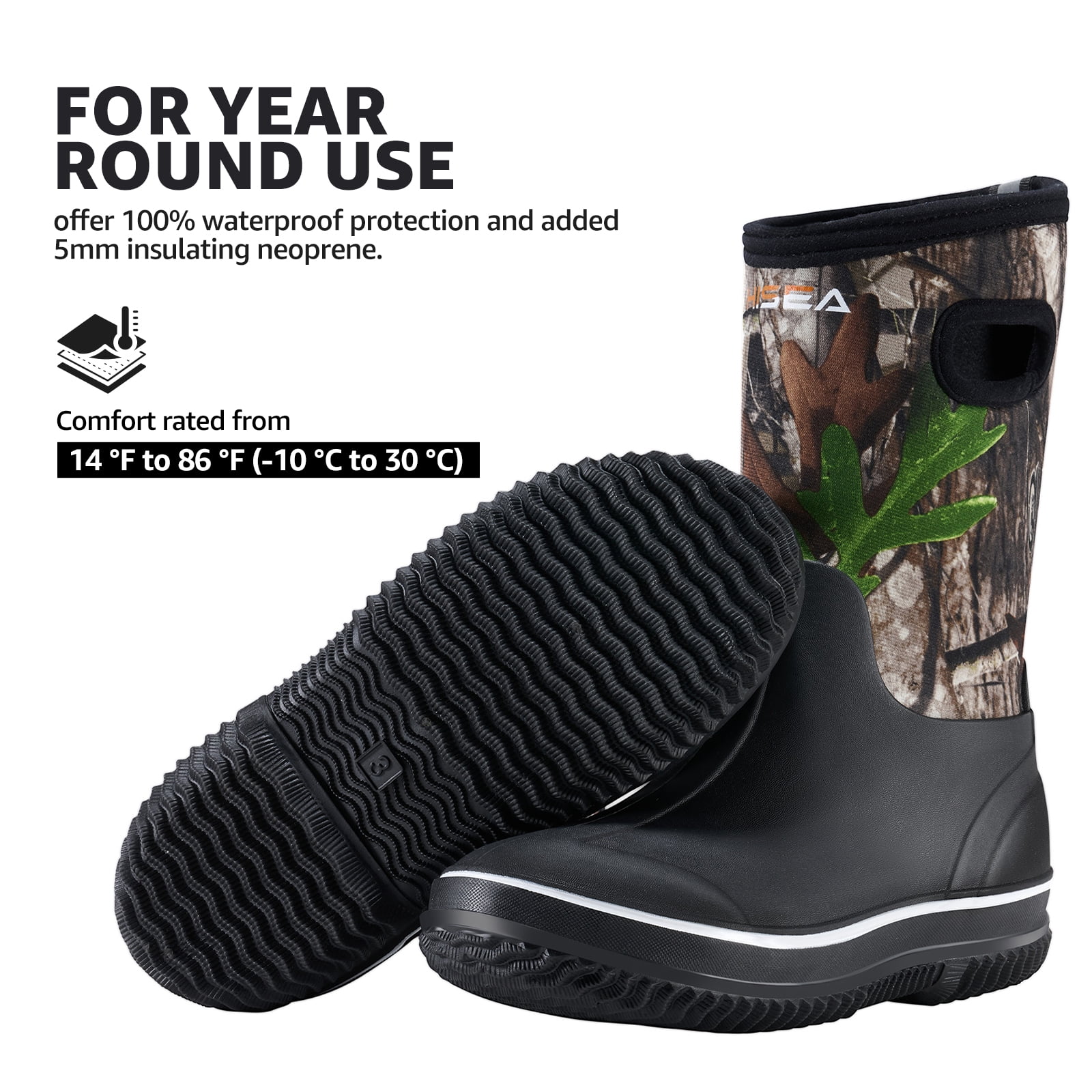HISEA Kids Rain Boots for Boys Girls, Waterproof Insulated Rubber Neoprene Boots, Seamless Outdoor Boots with Handles Rainboot All Weather Mud Boots for Rain, Snow, Winter and Muck, Size 1LK Camo