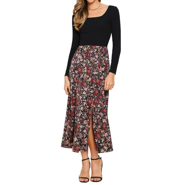 Vestido Maxi de Patchwork Vintage Inspire Chic para Mujer, Vestido de Fiesta de Cuello Cuadrado L Negro Rojo